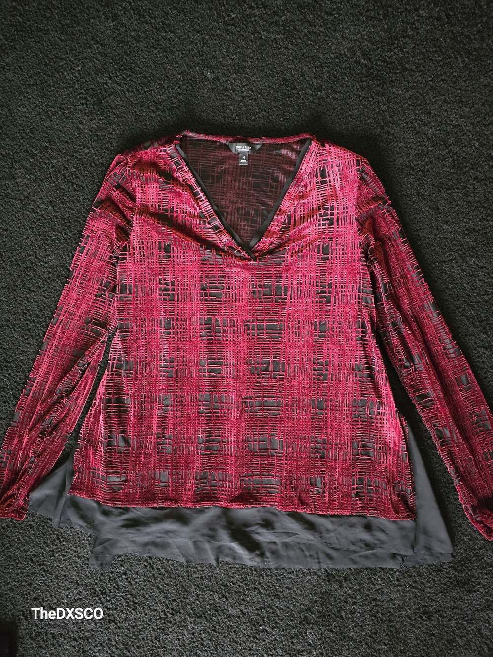 Simply Vera Vera Wang Burgundy and Black Burnout V-Neck Long Sleeve Top